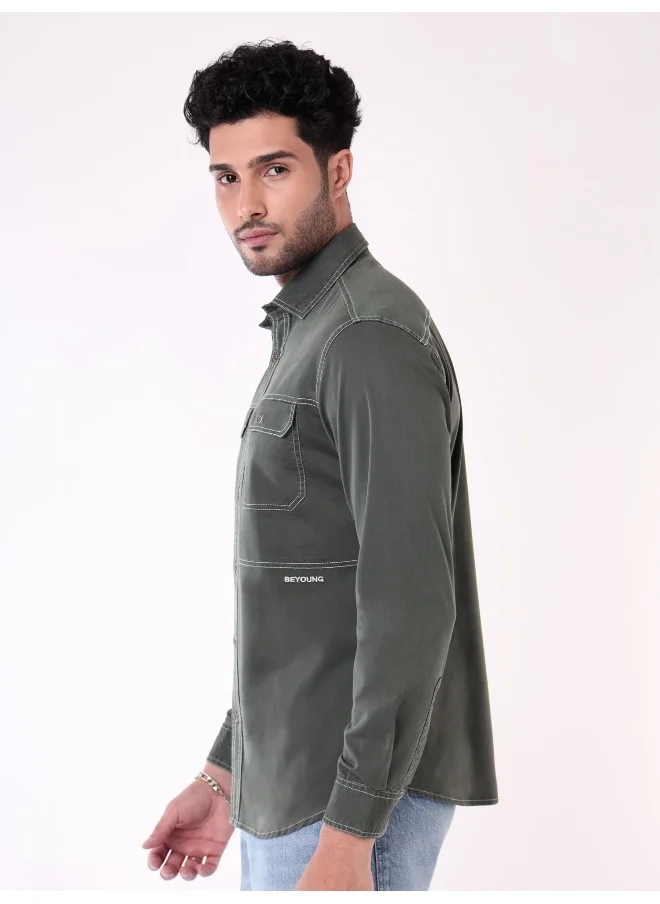 بيونغ Grey Contrast Stitch Urban Shirt for Men