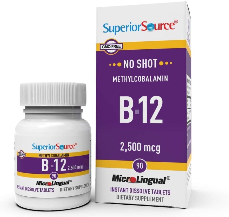 Superior Source No Shot Methylcobalamin B12 2500 mcg Vitamin B12 to Support Energy Production Brain Health Overall Wellness Sublingual Tablets for Quick Absorption 90 Dissolving Tablets
