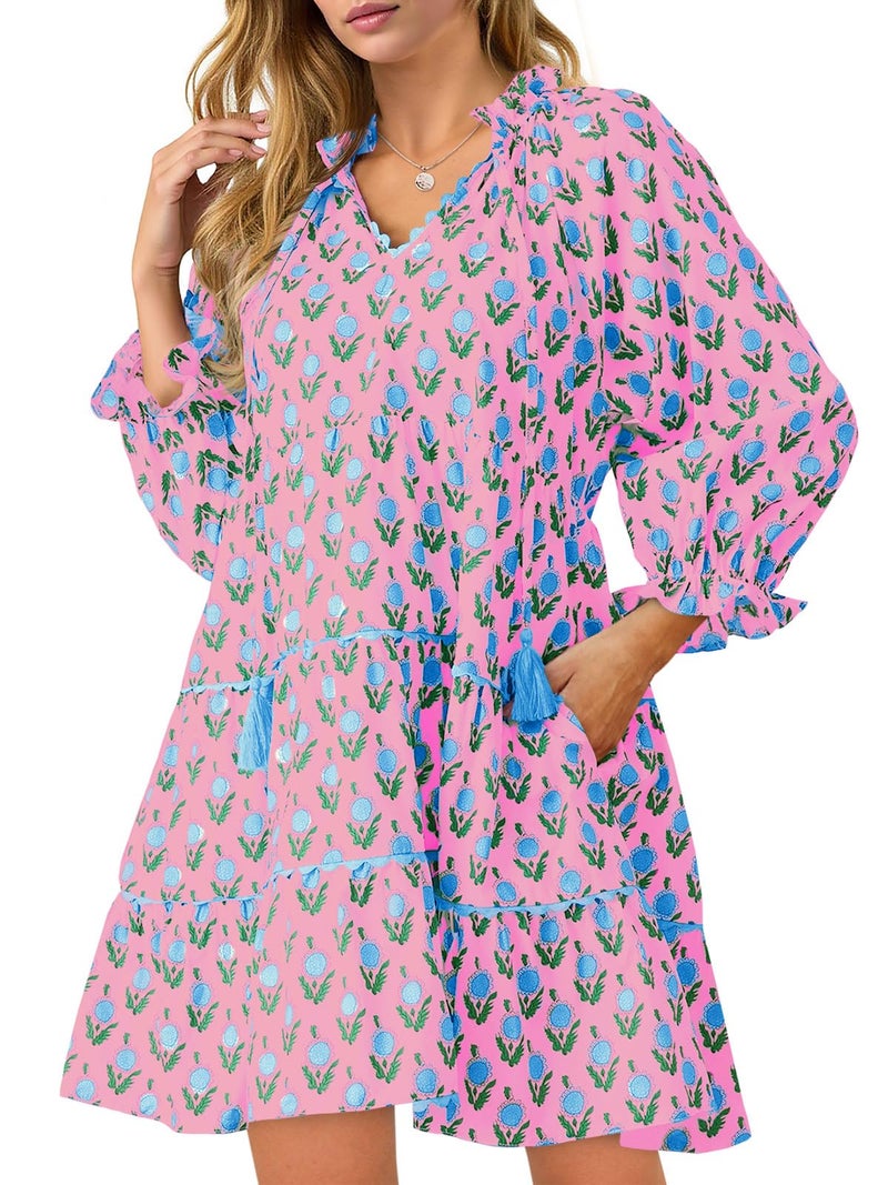 Wenrine Womens Casual Mini Dress Long Sleeve Floral Ruffle V Neck Fall Loose Boho Babydoll Dresses with Pockets Light Pink - Image 1