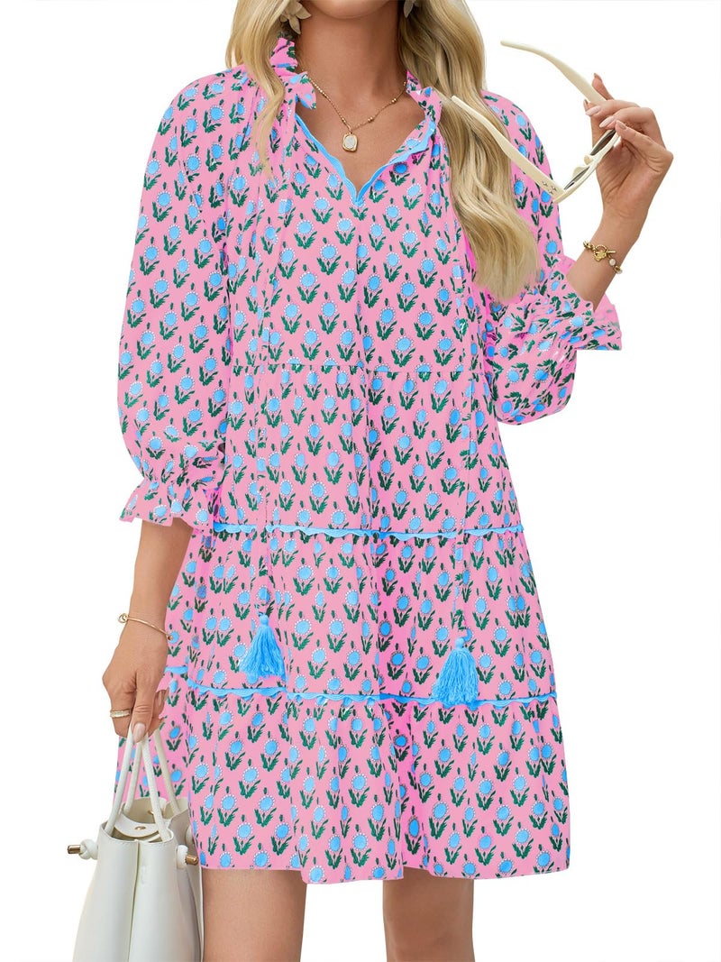 Wenrine Womens Casual Mini Dress Long Sleeve Floral Ruffle V Neck Fall Loose Boho Babydoll Dresses with Pockets Light Pink - Image 2