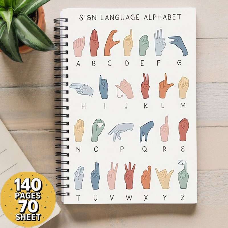 دليل أبجدية لغة الإشارة – 140 صفحة، دفتر ملاحظات حلزوني بحجم A5 مع رسوم بيانية للتعليم - Image 1