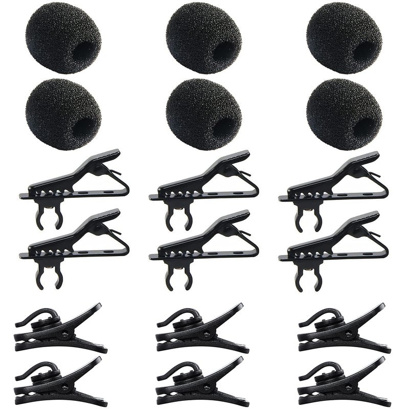 AUGSUN 18Pcs Lapel Microphone Clips Replacement Kit, 6Pcs Lavalier Mic Clips Metal Tie Clips Lavalier Microphone Clips, 6Pcs Windscreen Foam Cover and 6Pcs Plastic Wire Clips - Image 1