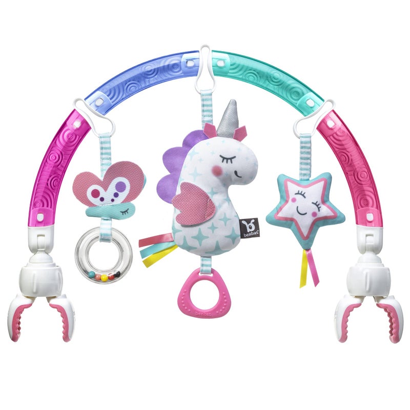 BENBAT Baby Stroller Arch Toy Rainbow Dazzle Friends Play Bar. Fun Newborns Sensory Activity, Adjustable for Bouncers and Car Seat, Unicorn - Image 1