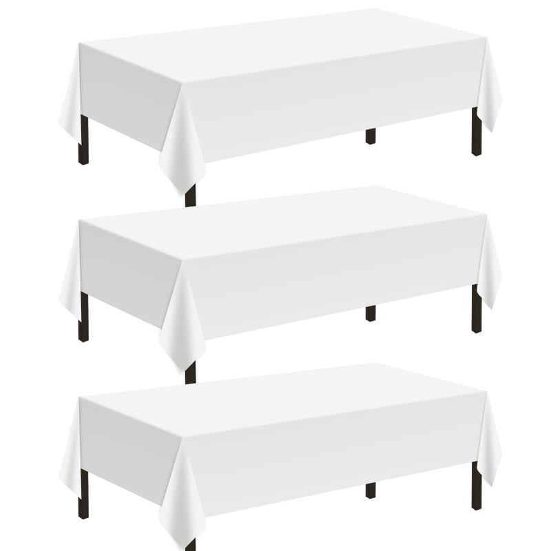 Childom 3 Pack Plastic Tablecloths for Rectangle Tables 54 x 108 White Disposable Table Cloths for 6 to 8 Foot Tables Indoor or Outdoor Parties Birthday Wedding Christmas Anniversary Buffet Table