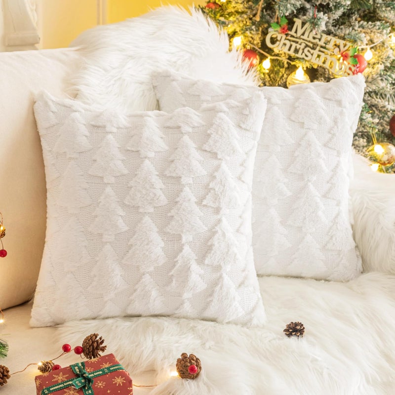 AQOTHES Set of 2 Christmas Tree Throw Pillow Covers 18x18 Inch  Soft Faux Fur White Decorative Xmas Throw Pillows for Couch Sofa Holiday Winter Decor - Image 1