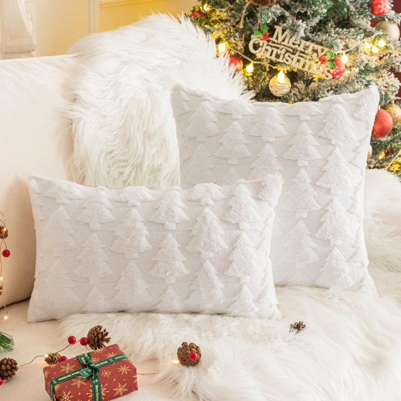 AQOTHES Set of 2 Christmas Tree Throw Pillow Covers 18x18 Inch  Soft Faux Fur White Decorative Xmas Throw Pillows for Couch Sofa Holiday Winter Decor - Image 3