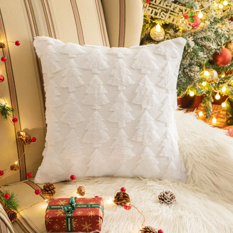 AQOTHES Set of 2 Christmas Tree Throw Pillow Covers 18x18 Inch  Soft Faux Fur White Decorative Xmas Throw Pillows for Couch Sofa Holiday Winter Decor - Image 2