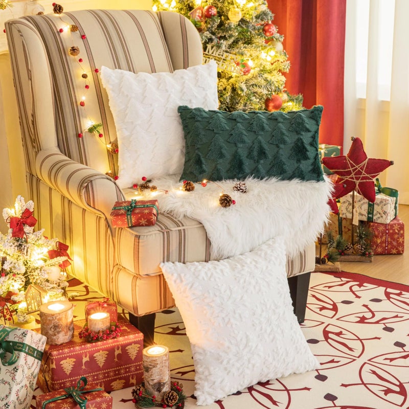 AQOTHES Set of 2 Christmas Tree Throw Pillow Covers 18x18 Inch  Soft Faux Fur White Decorative Xmas Throw Pillows for Couch Sofa Holiday Winter Decor - Image 4