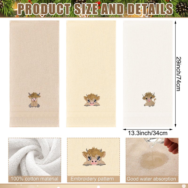 FuWeave 3 Pcs Mini Baby Highland Cow Hand Towels for Bathroom Kitchen Decor, Beige Embroidered Cow Soft Absorbent Decorative Towels Set Christmas Home Decor Gift, 100% Cotton, 13.3 x 29.5'' - Image 2