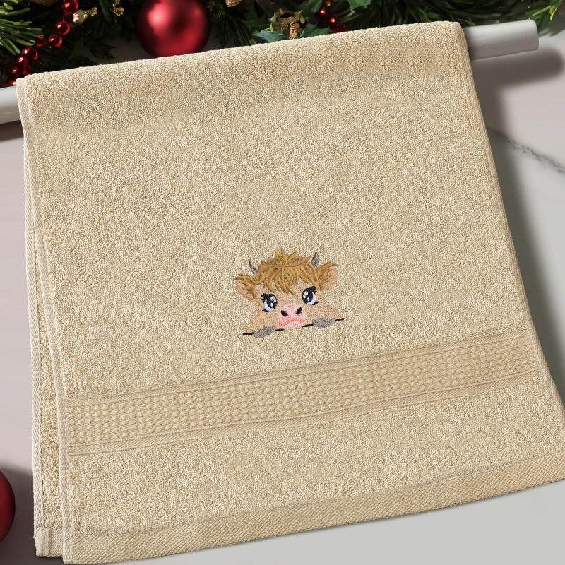 FuWeave 3 Pcs Mini Baby Highland Cow Hand Towels for Bathroom Kitchen Decor, Beige Embroidered Cow Soft Absorbent Decorative Towels Set Christmas Home Decor Gift, 100% Cotton, 13.3 x 29.5'' - Image 3