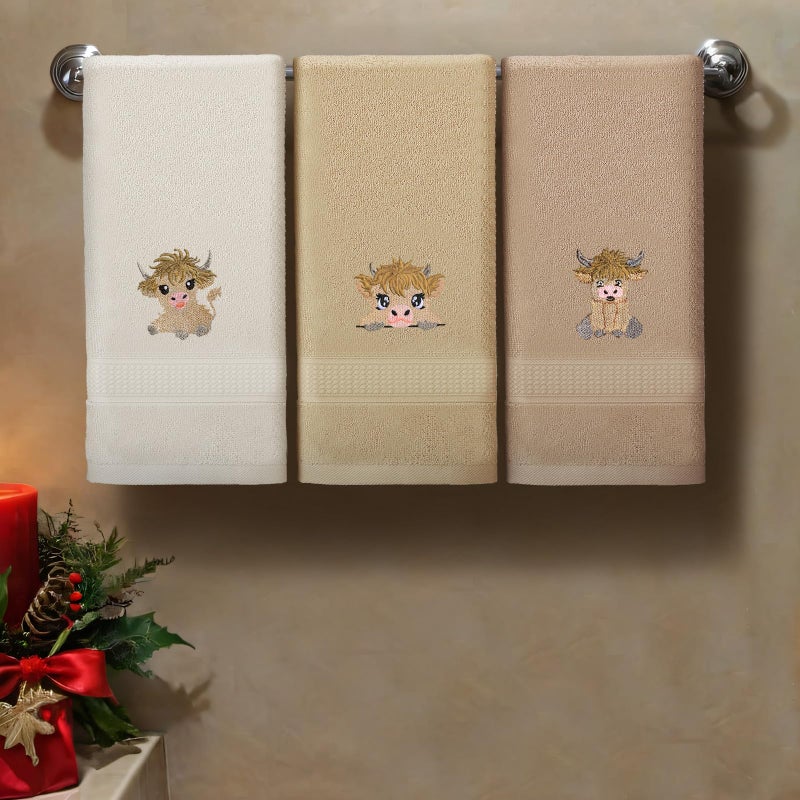 FuWeave 3 Pcs Mini Baby Highland Cow Hand Towels for Bathroom Kitchen Decor, Beige Embroidered Cow Soft Absorbent Decorative Towels Set Christmas Home Decor Gift, 100% Cotton, 13.3 x 29.5'' - Image 4