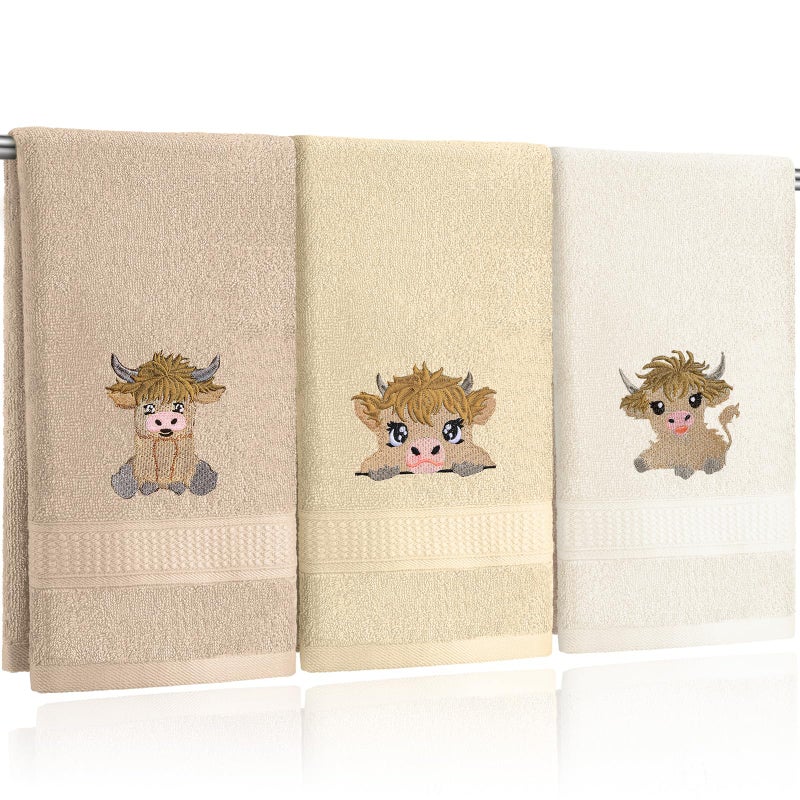 FuWeave 3 Pcs Mini Baby Highland Cow Hand Towels for Bathroom Kitchen Decor, Beige Embroidered Cow Soft Absorbent Decorative Towels Set Christmas Home Decor Gift, 100% Cotton, 13.3 x 29.5'' - Image 1