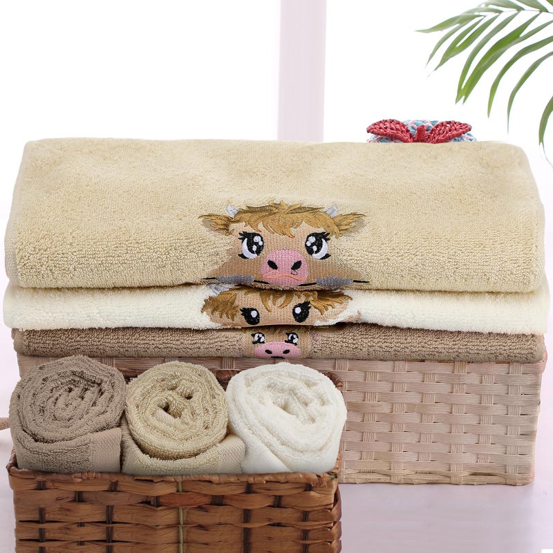 FuWeave 3 Pcs Mini Baby Highland Cow Hand Towels for Bathroom Kitchen Decor, Beige Embroidered Cow Soft Absorbent Decorative Towels Set Christmas Home Decor Gift, 100% Cotton, 13.3 x 29.5'' - Image 5