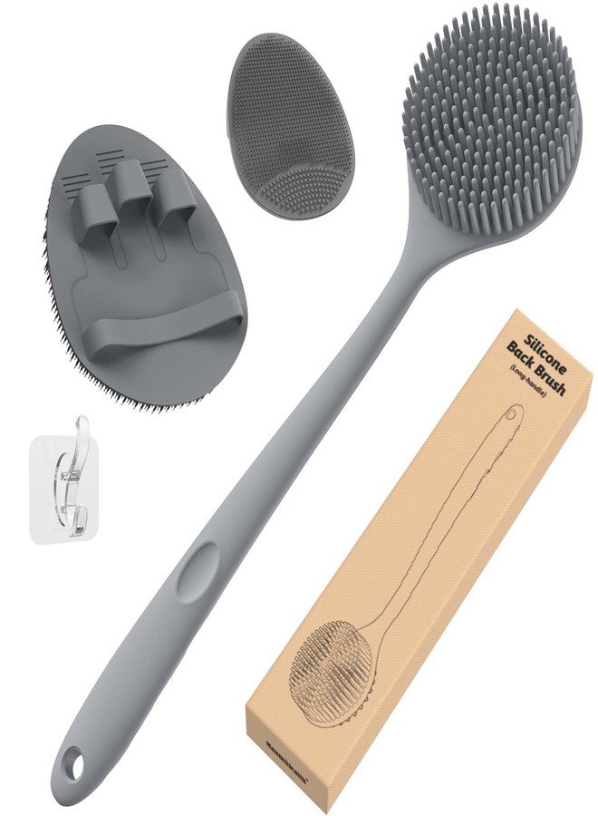 مانمي هيلث مجموعة مانمي هيلث من ليفة الظهر المصنوعة من السيليكون (شعيرات سميكة) وقفاز الاستحمام وفرشاة الوجه (3 قطع)، ليفة تقشير فائقة ورغوة غنية للجسم، فرشاة استحمام، ليفة وجه مدمجة، مع خطاف مجاني. (رمادي) - Image 1