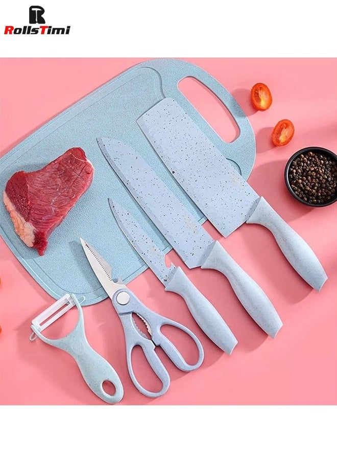 RollsTimi  7-Piece Wheat Straw Knives Set, Household Stainless Steel Fruit Kitchen Knives With Cutting Board,Blue  - Image 1