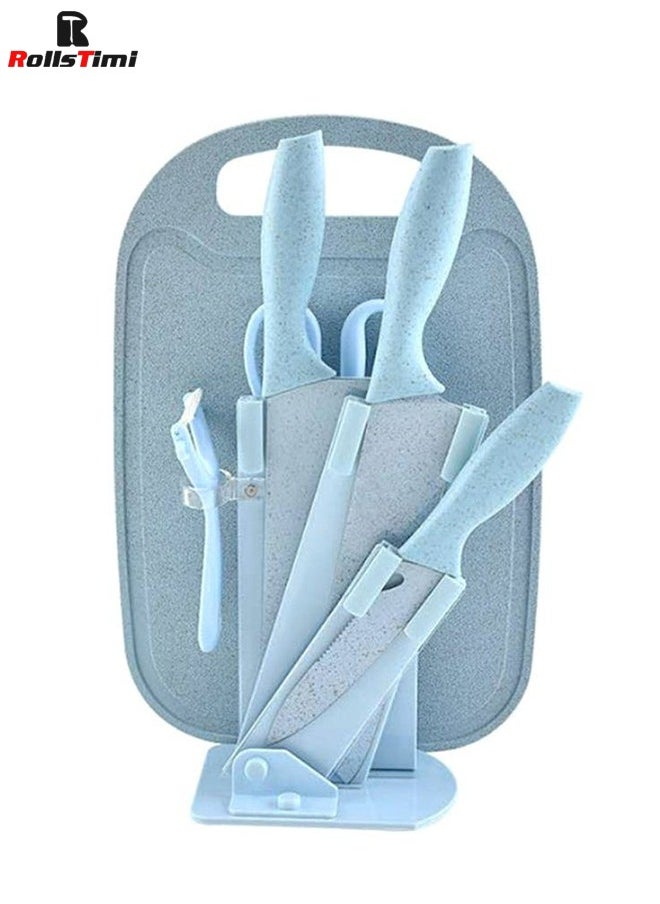 RollsTimi  7-Piece Wheat Straw Knives Set, Household Stainless Steel Fruit Kitchen Knives With Cutting Board,Blue  - Image 2