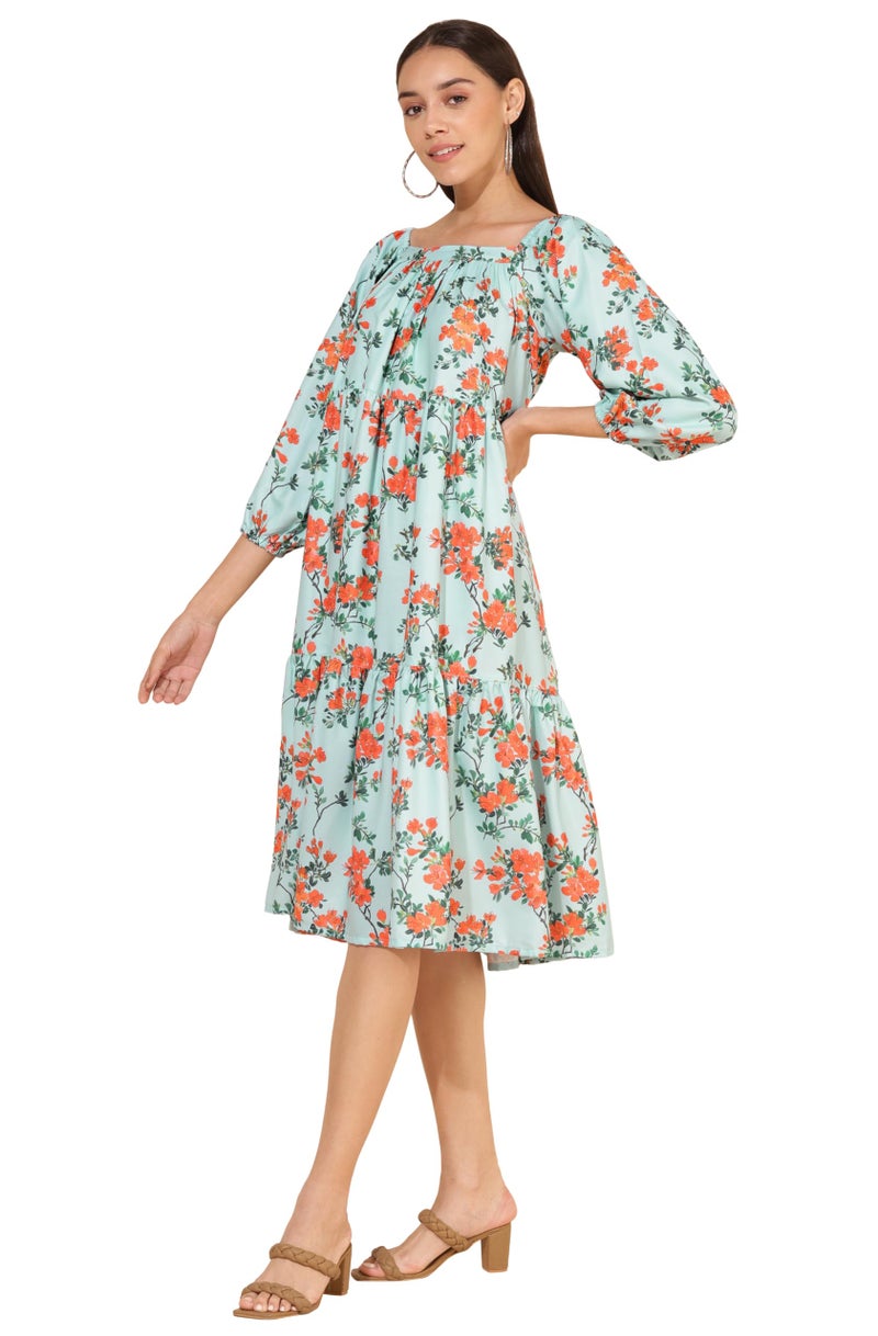 Janasya Women's Sea Green Moss Digital Floral Printed Flared Dress(JNE4316-DR-XS) - Image 3