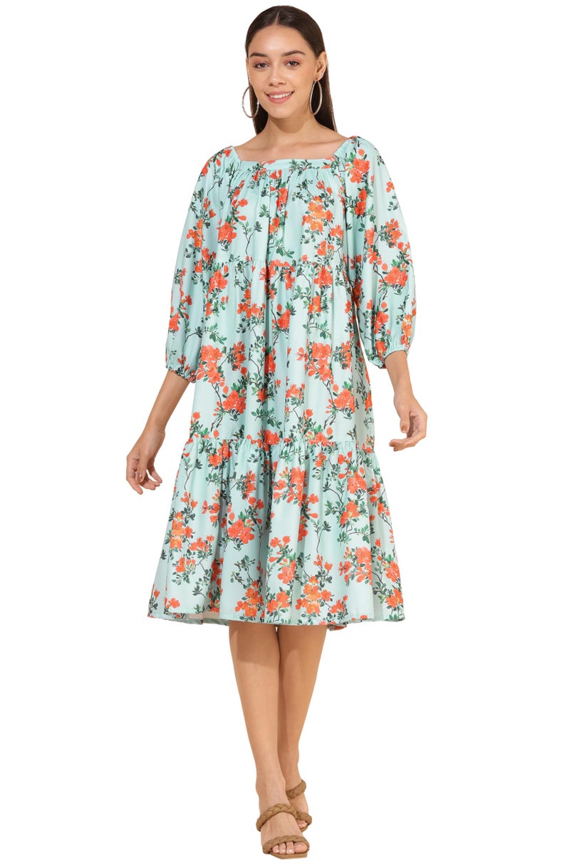 Janasya Women's Sea Green Moss Digital Floral Printed Flared Dress(JNE4316-DR-XS) - Image 2