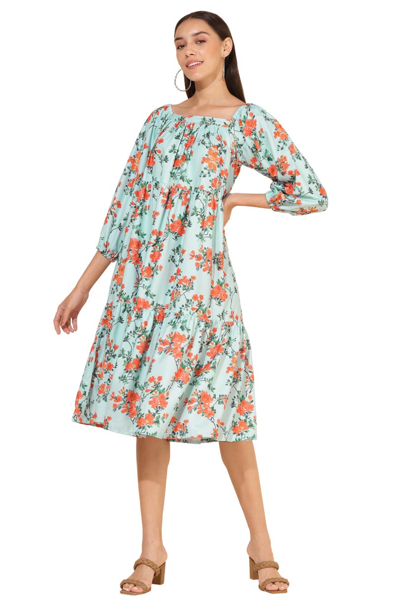 Janasya Women's Sea Green Moss Digital Floral Printed Flared Dress(JNE4316-DR-XS) - Image 1