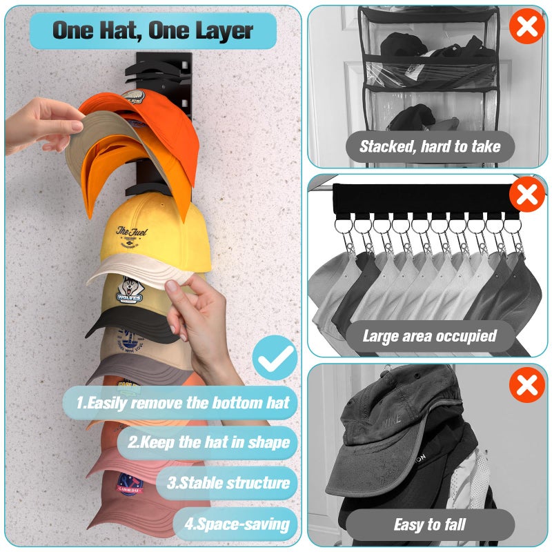 Houoisheck Hat Organizer for Baseball Caps 2Pack, Hat Rack for Wall with Strong Adhesive Hold up to 20 Hats, Hat Hanger Holder Display for Door Closet, Cap Organizer Storage Multilayer Two Mounting Option(Black) - Image 2