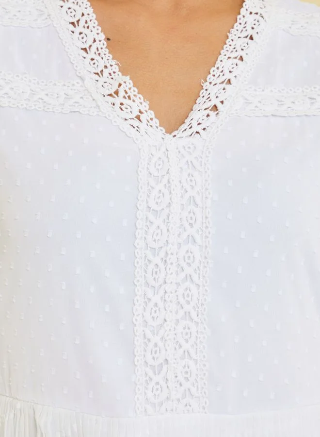 Styli Embroidered Insert Dobby Pleated A-Line Midi Dress