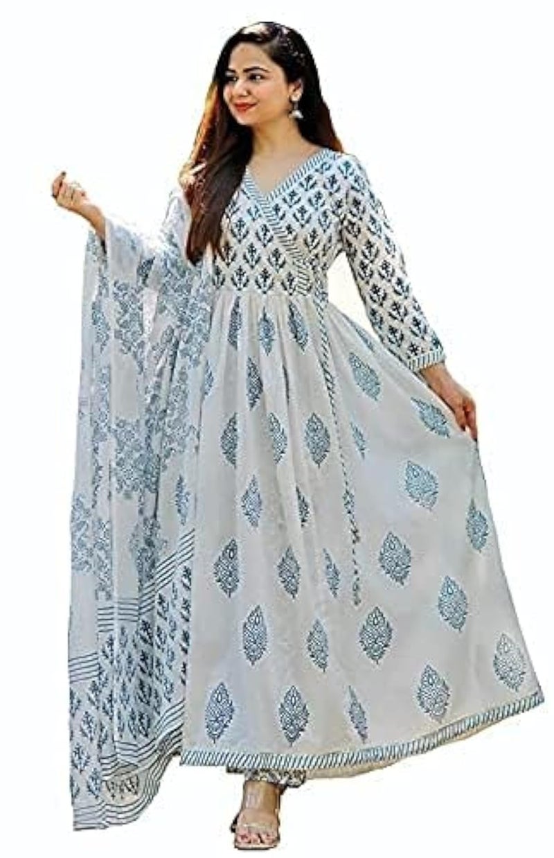 Meera Fab مجموعة ميرا فاب للنساء - قميص قطني مطبوع مع بنطلون بالازو ودوباتا (XXXX-Large, BLUE) - Image 1