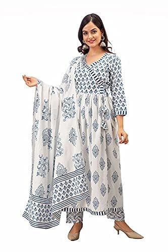 Meera Fab مجموعة ميرا فاب للنساء - قميص قطني مطبوع مع بنطلون بالازو ودوباتا (XXXX-Large, BLUE) - Image 5