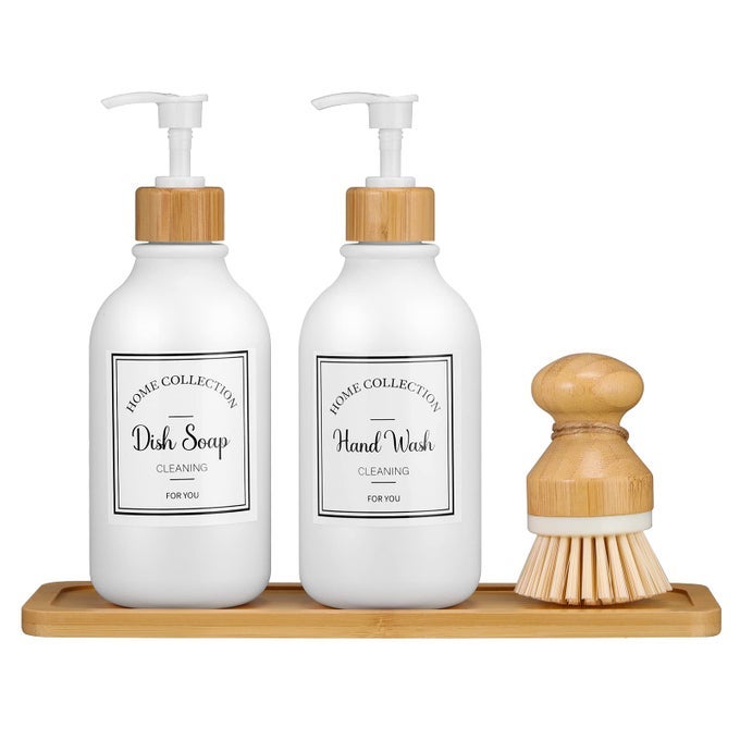 4 PCS 16 OZ KITCHEN SOAP DISPENSER SET WITH BAMBOO TRAY AND DISH BRUSH PLASTIC SOAP DISPENSER SET WITH WATERPROOF LABELS FOR HAND DISH LOTIONFROSTED WHITE