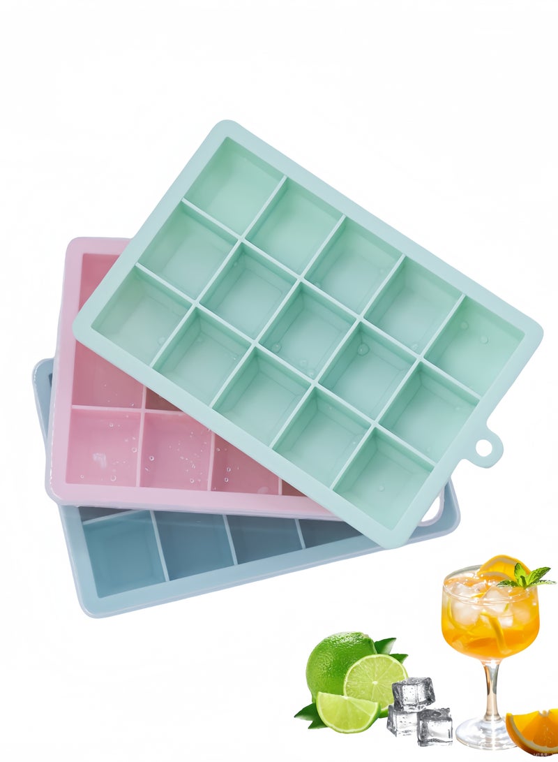 3-Piece Multicolour Food Grade Silicone Ice Cube Tray 19 x 12.3 x 2.5cm，Easy-to-Remove 15 Cubes for Party, Drinks and Frozen Liquids - Image 1
