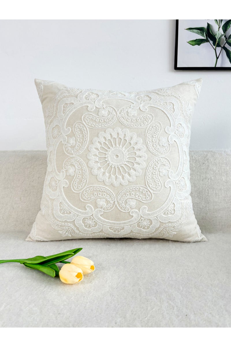 غطاء وسادة دائري مطرز يدويًا بدقة، مقاس 450 مم × 450 مم، قطعة واحدة، مزود بسحاب، مناسب للغرف الصغيرة.