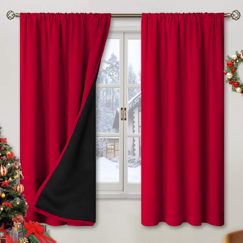 BGment Christmas Thermal Insulated 100% Blackout Curtains for Bedroom Decoration with Black Liner  Double Layer Full Room Darkening Noise Reducing Rod Pocket Curtain (52 x 63 Inch  Red  2 Panels) - Image 1