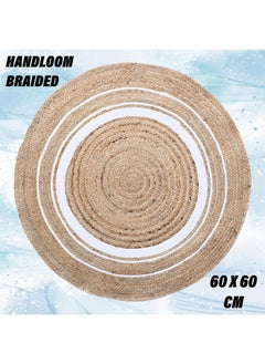 Kuber Industries Kuber Industries Hand Woven Braided Carpet Rugs|Round Traditional Spiral Design Jute Door mat|Mat for Bedroom,Living Room,Dining Room,Yoga,60x60 cm,(White)  - Image 3