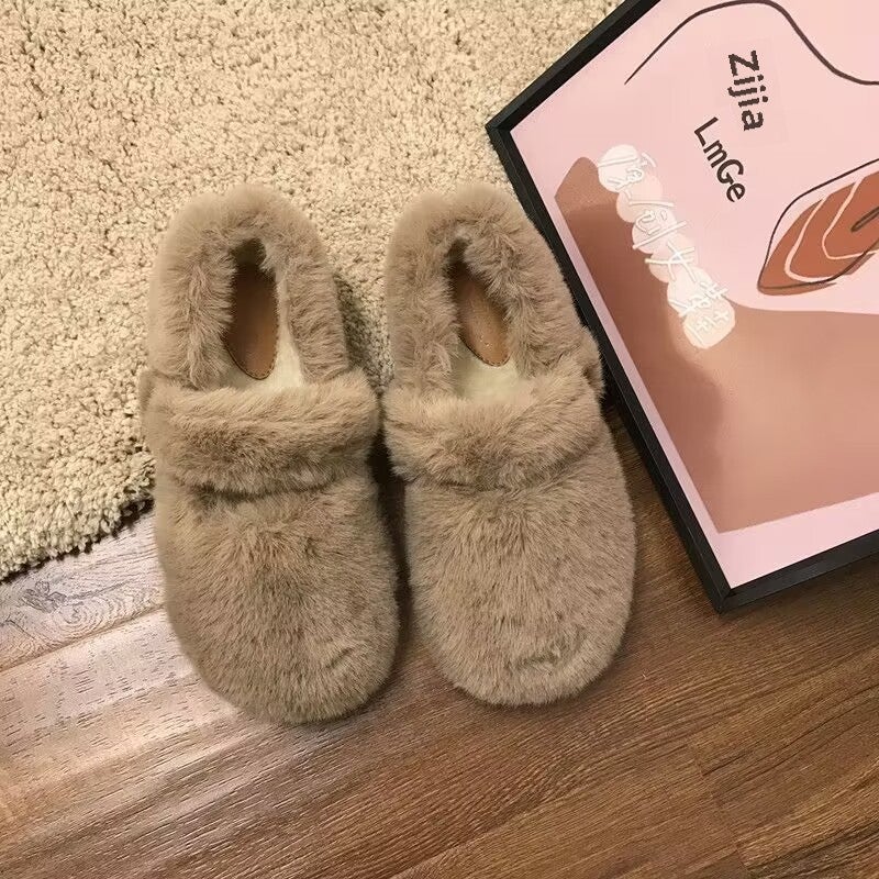 WD plus size womens shoes fat feet wide feet 41-43 Mao Mao shoes outer wear new mink fur bean shoes winter fleece-lined Khaki