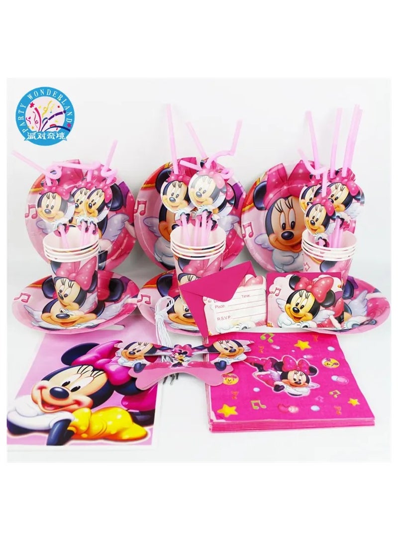 ريمي بيلا 180 قطعة لوازم حفلات اعياد الميلاد بتصميم ميني موس، مجموعة ادوات مائدة الكل في واحد تتضمن اطباق واكواب ومناديل ولافتة وما الى ذلك، لوازم حفلات بطابع ميني موس للفتيات - Image 1