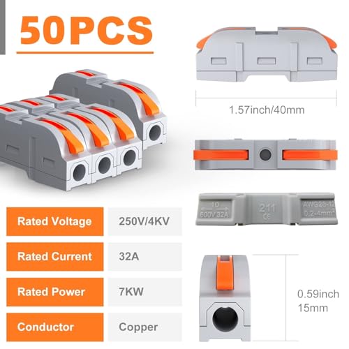 Xfopz 50PCS Wire Connectors Kit, 1 to 1 Inline Electrical Lever Wire Connectors Nuts Push-in Quick Conductor Combination Compact Splicing Connectors 28-12 AWG (1in 1out, 50) - Image 2