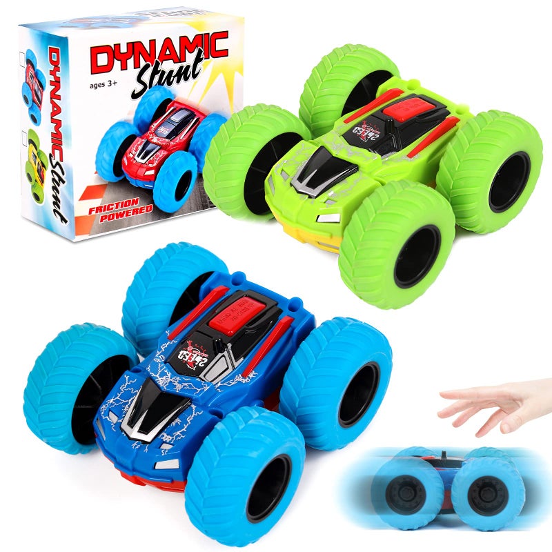 M SANMERSEN Flip Cars Toys for Ages 24 Monster Truck 360 Rotating Stunt Push and Go Friction Cars for Toddlers 13 Vehicle 2 Year Old Boys Girls Gifts 2 Pack BlueGreen - Image 2