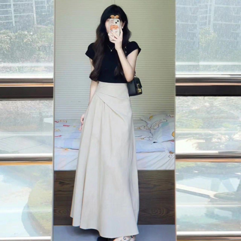 Sense Shoulder Elegant T-shirt Top suit Womens Summer High Waist Pleated Skirt Irregular Large Swing Skirt Top Skirt Two-Piece Set