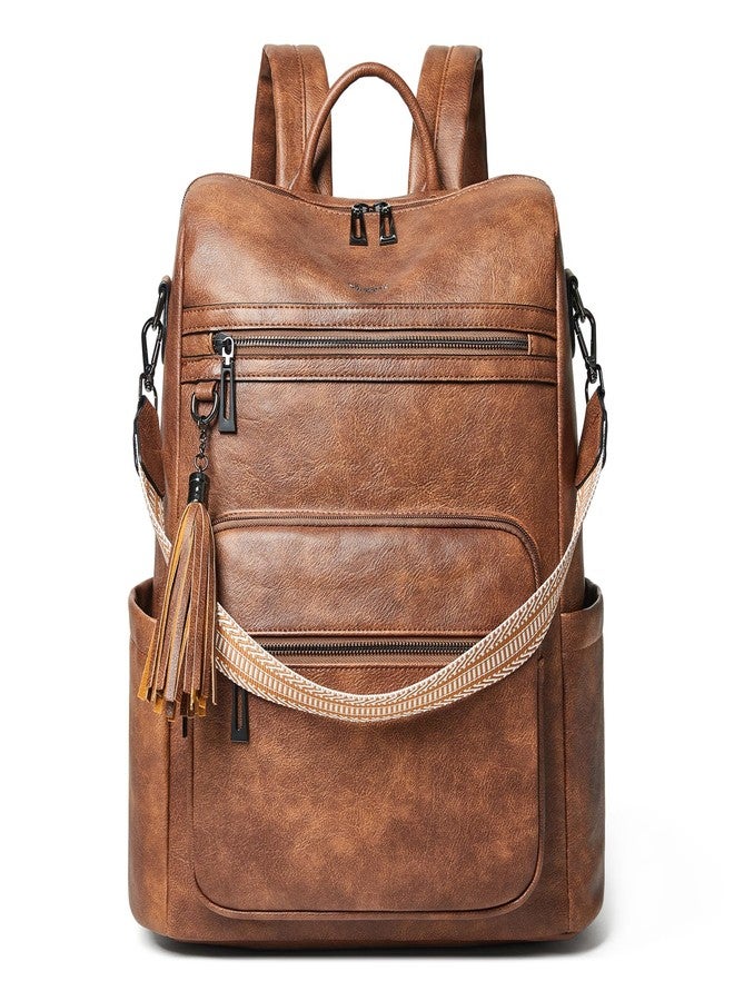 Shrrie 15.6 inch Laptop Backpack for Women,Large Leather Backpack Purse,Travel Backpack Carry on,Water Resistant Casual Laptop Backpacks,College Backpack,Work Backpack for Women,Two-toned Brown - Image 1