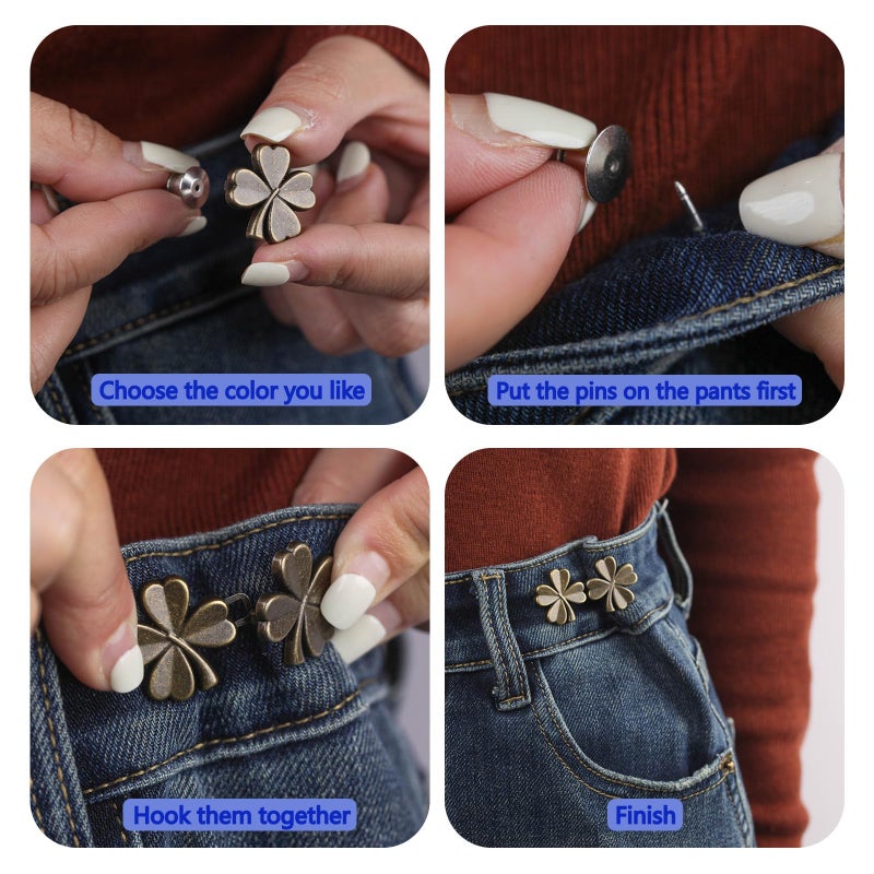 Qubusm Clover Jeans Button 10 Sets Pant Waist Tightener, Adjustable Waist Buckle Sets and No Tools Detachable Decorative Waist Buckles, Jean Buttons Pins for Loose Jeans, Pants, Skirts (No Sew) (Clover) - Image 3