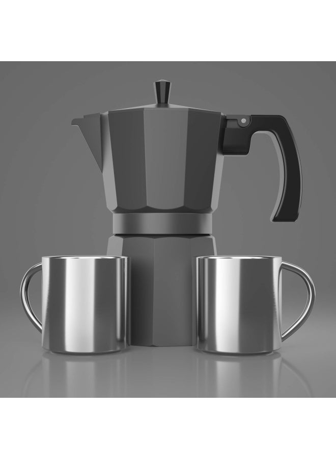 Coffee Gator غلاية قهوة غيتور موكا 6 أكواب 12 أونصة صانعة الإسبريسو على الموقد تصميم إيطالي وكوبي كلاسيكي مع 2 كوب من الفولاذ المقاوم للصدأ رمادي غير لامع ألومنيوم 360 مل - Image 4