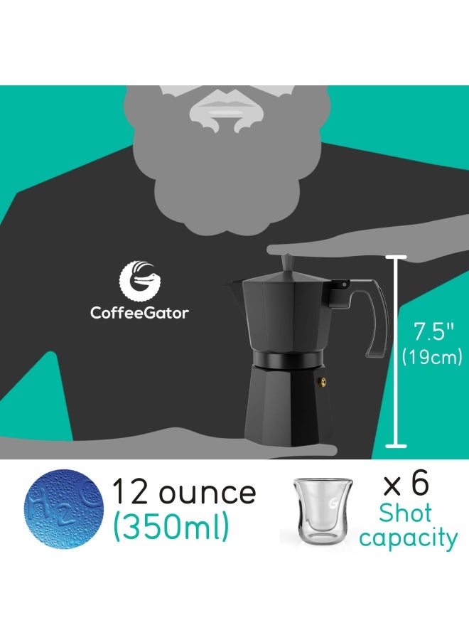 Coffee Gator غلاية قهوة غيتور موكا 6 أكواب 12 أونصة صانعة الإسبريسو على الموقد تصميم إيطالي وكوبي كلاسيكي مع 2 كوب من الفولاذ المقاوم للصدأ رمادي غير لامع ألومنيوم 360 مل - Image 2
