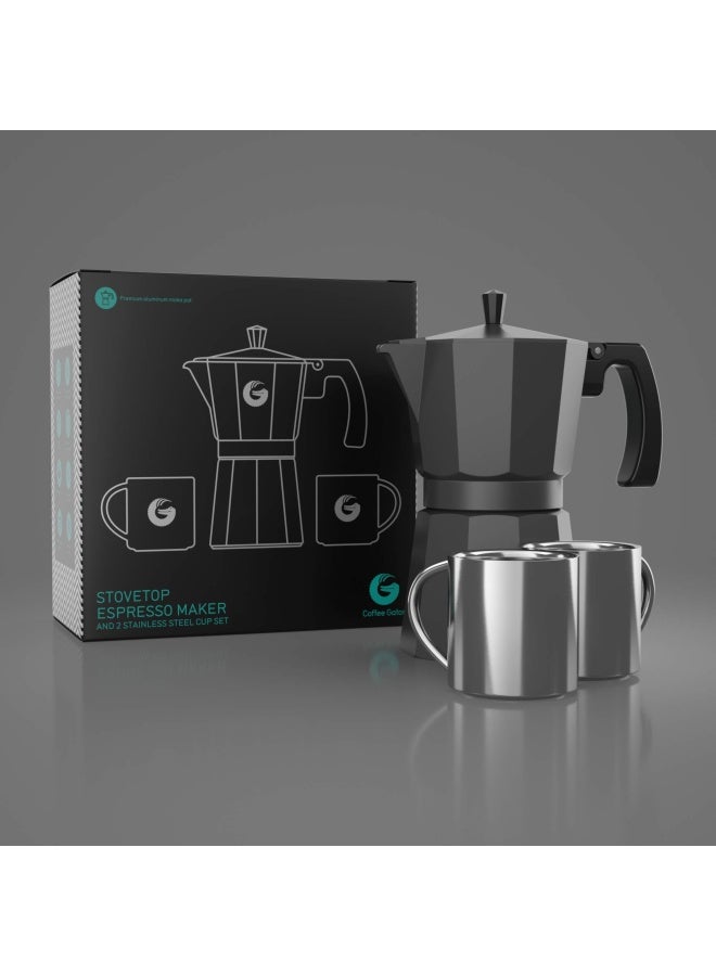 Coffee Gator غلاية قهوة غيتور موكا 6 أكواب 12 أونصة صانعة الإسبريسو على الموقد تصميم إيطالي وكوبي كلاسيكي مع 2 كوب من الفولاذ المقاوم للصدأ رمادي غير لامع ألومنيوم 360 مل - Image 5