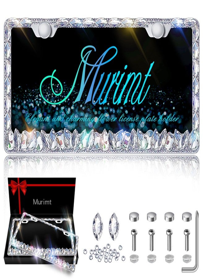 Murimt Bling License Plate Frame for Women,2 Pack Stainless Steel Rhinestone License Plate Frames | Holder Handmade Glitter Crystal Diamond Lincense Plate Cover for Girl Bedazzled Sparkly (White)… - Image 1