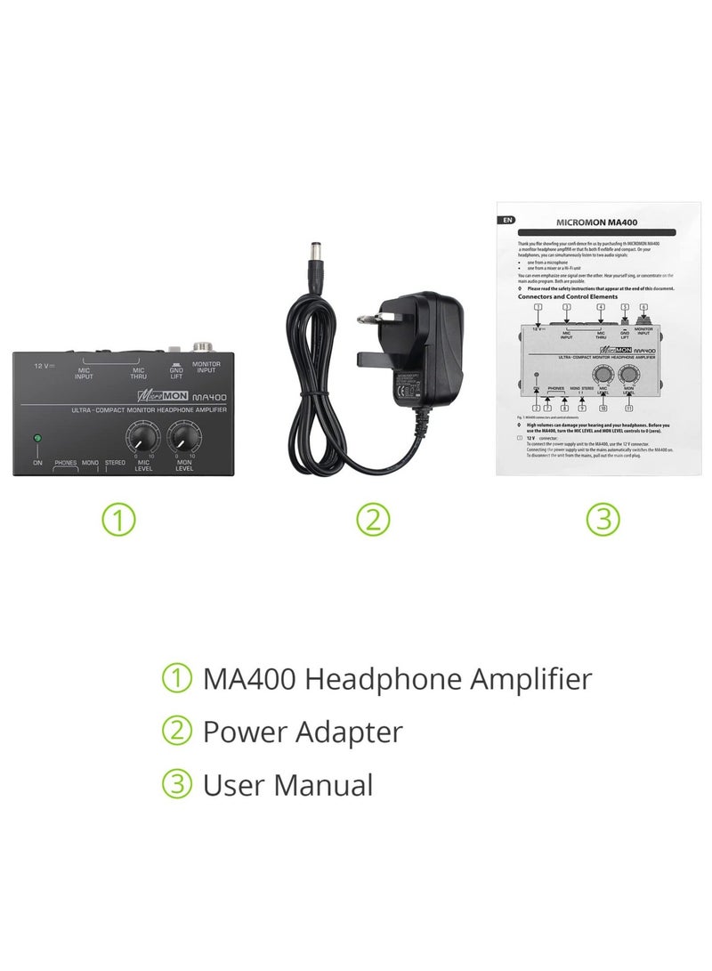 MA400 Headphone Amplifier for XLR Microphone and Audio Signal with Volume Controls Support, 6.35mm 3.5mm Headphone Outputs with 12V Power Supply Ultra-Compact, for Studio and Stage  - Image 2