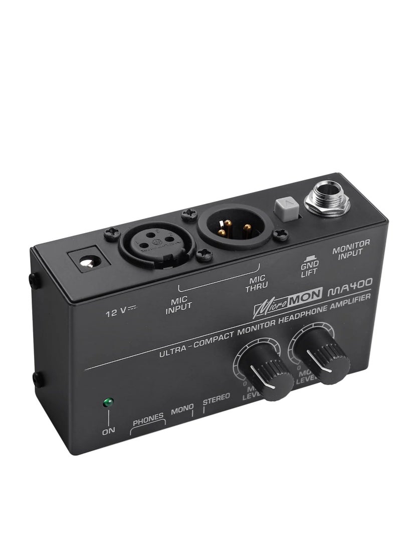 MA400 Headphone Amplifier for XLR Microphone and Audio Signal with Volume Controls Support, 6.35mm 3.5mm Headphone Outputs with 12V Power Supply Ultra-Compact, for Studio and Stage  - Image 1