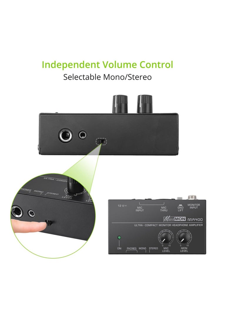 MA400 Headphone Amplifier for XLR Microphone and Audio Signal with Volume Controls Support, 6.35mm 3.5mm Headphone Outputs with 12V Power Supply Ultra-Compact, for Studio and Stage  - Image 5
