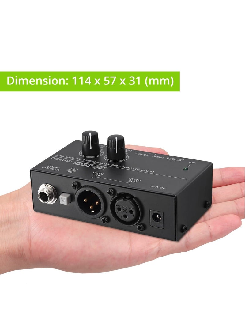 MA400 Headphone Amplifier for XLR Microphone and Audio Signal with Volume Controls Support, 6.35mm 3.5mm Headphone Outputs with 12V Power Supply Ultra-Compact, for Studio and Stage  - Image 3