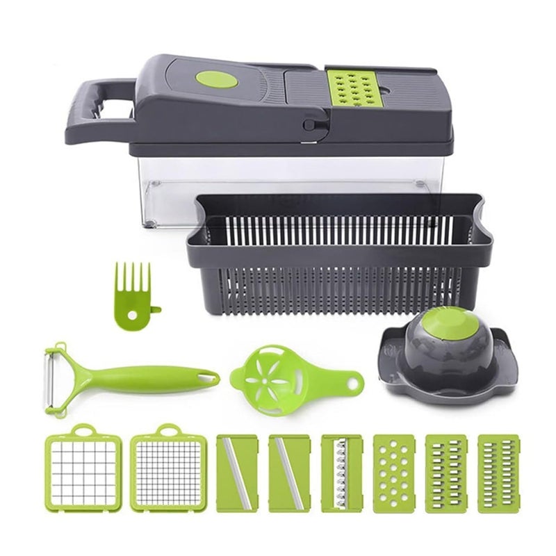 DISH & DWELL DISH DWELL 14in1 Food Chopper Multifunctional Vegetable Cutter with 8 Stainless Steel Blades Container Mandoline Slicer Onion Chopper Dicer Kitchen Gadgets - Image 2