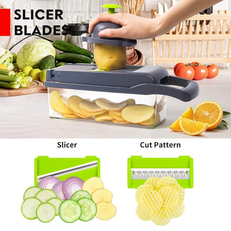 DISH & DWELL DISH DWELL 14in1 Food Chopper Multifunctional Vegetable Cutter with 8 Stainless Steel Blades Container Mandoline Slicer Onion Chopper Dicer Kitchen Gadgets - Image 4
