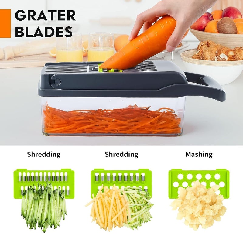 DISH & DWELL DISH DWELL 14in1 Food Chopper Multifunctional Vegetable Cutter with 8 Stainless Steel Blades Container Mandoline Slicer Onion Chopper Dicer Kitchen Gadgets - Image 3